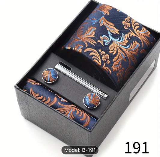 Men’s Silk Coordinated Tie Set w/Box - Orange Blue Paisley (191)