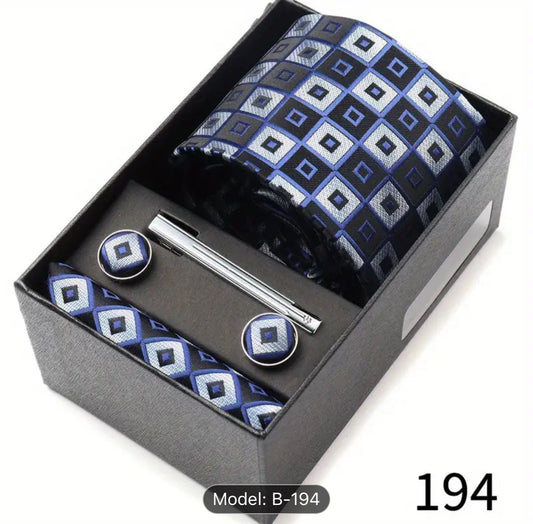 Men’s Silk Coordinated Tie Set w/Box - Blue Silver Squared (194)