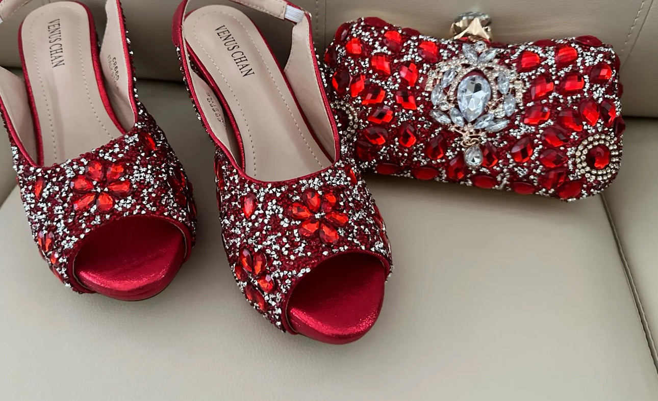 Nigerian Luxury Fashion Ladies High Heel Slippers and Bags Set with Rhinestones - Eight Color Choices