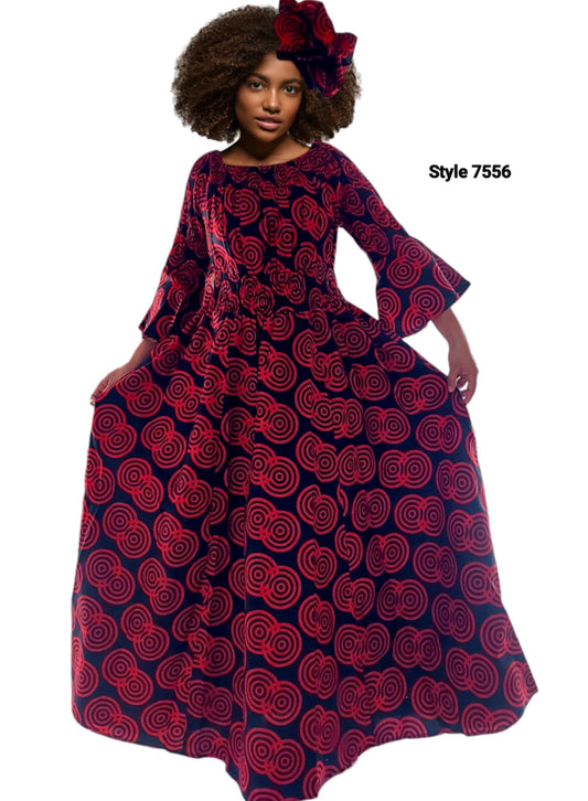 Smocked Waist Long Dress -Red (7556)