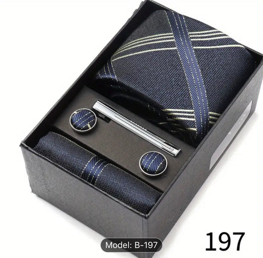 Men’s Silk Coordinated Tie Set w/Box - Blue White Striped (197)