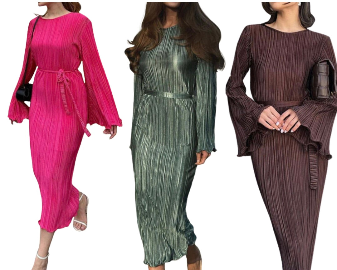 Textured Tied Round Neck Long Sleeve Dress - Various Colors