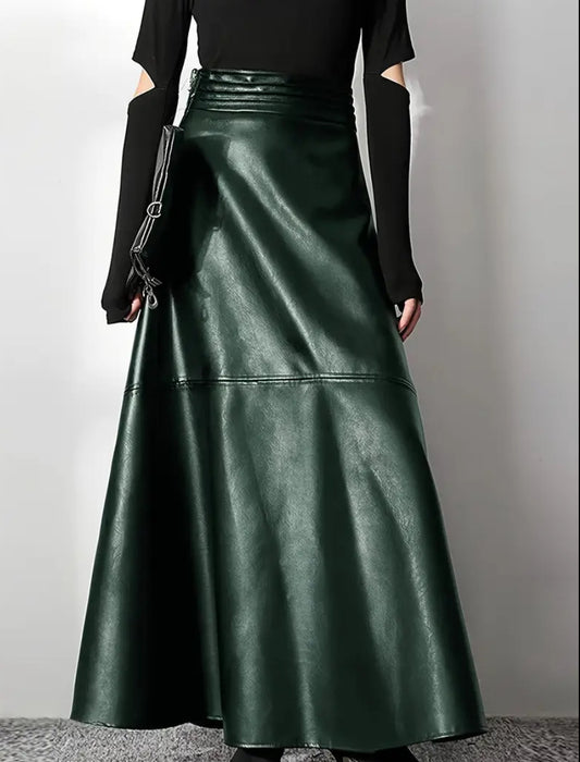 Full Size Green Faux Leather Flare Skirt
