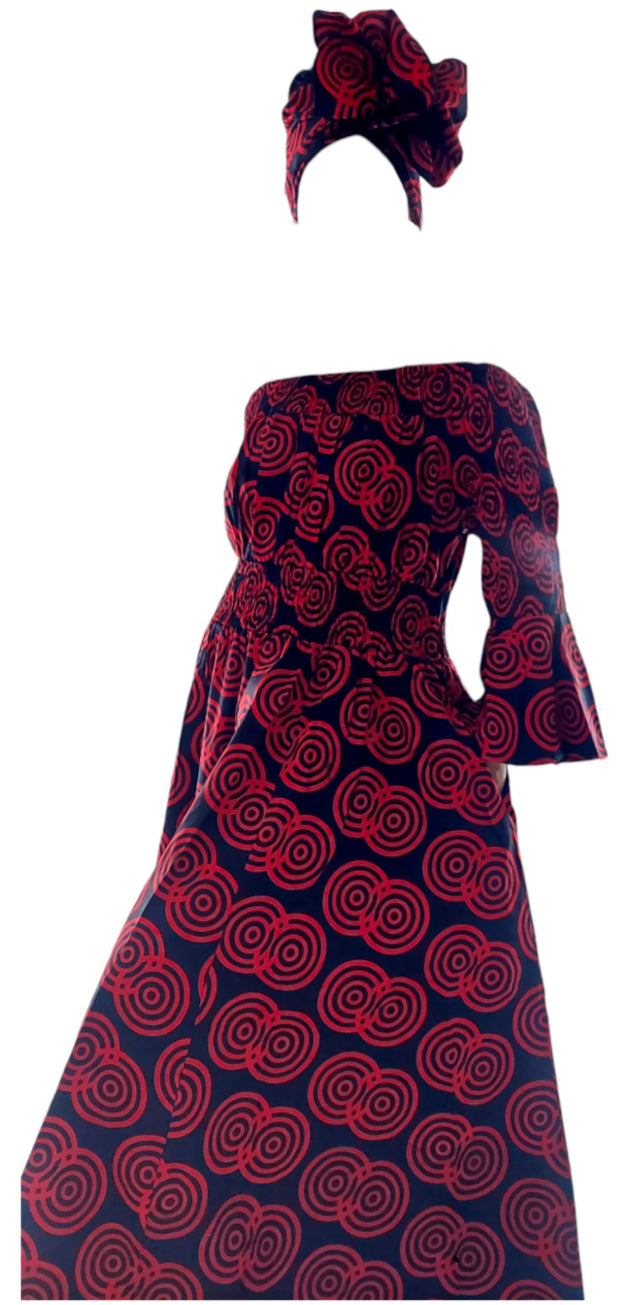 Smocked Waist Long Dress -Red (7556)