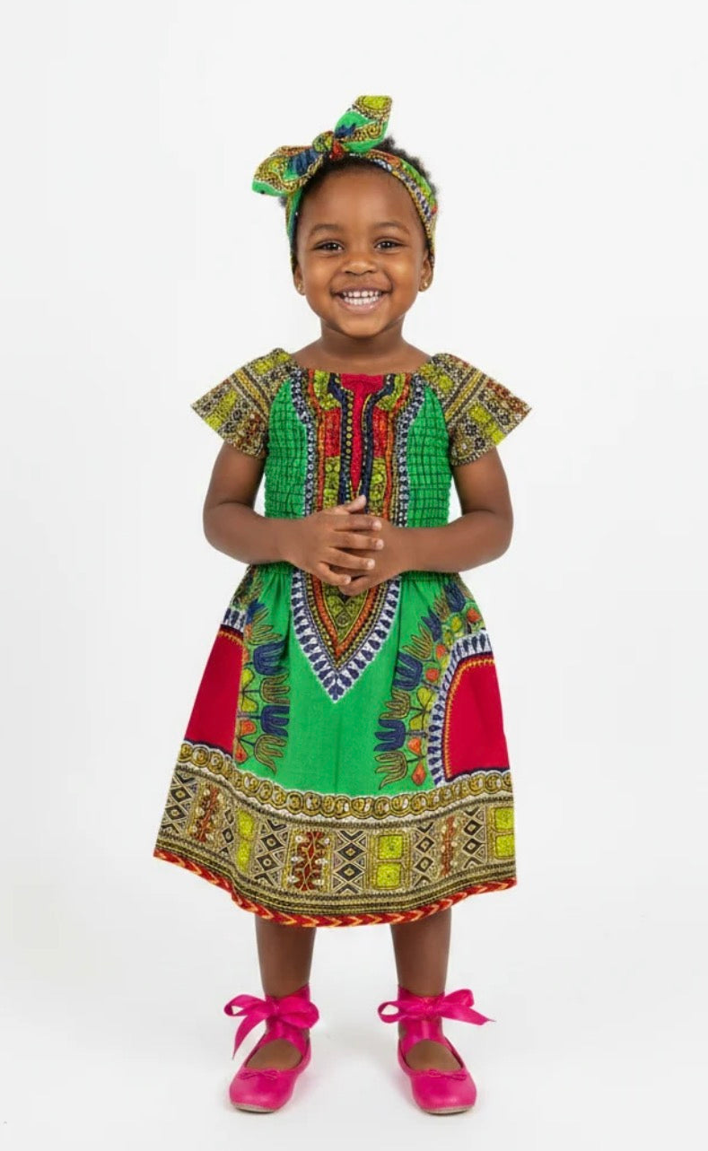 Little Girls Dashiki Dress with Coordinating Headband