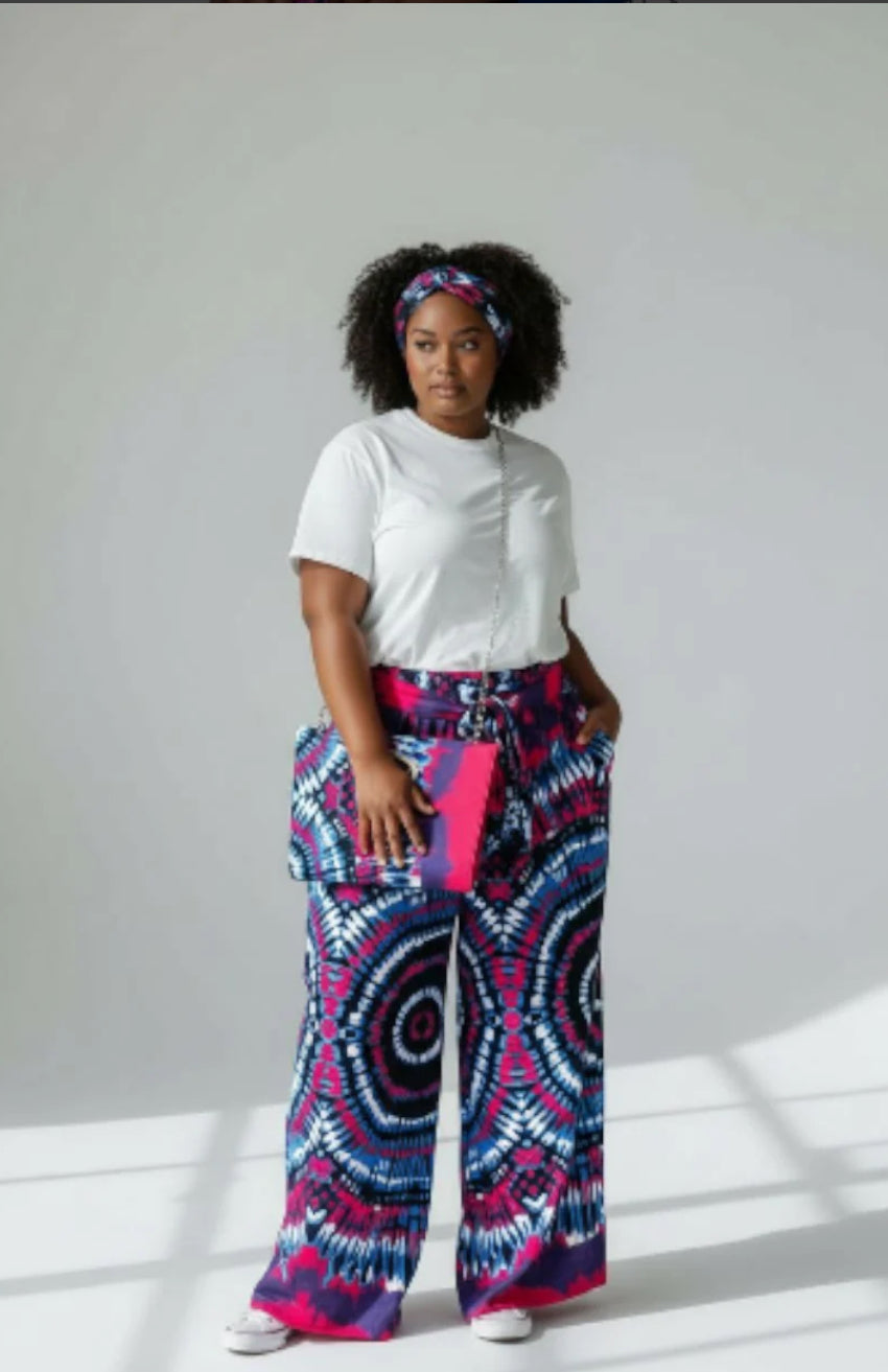 Combo Palazzo Pant & Pocketbook Set Red Blue Tiedye PS14 (Pants, Headwrap, and Bag)