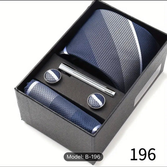 Men’s Silk Coordinated Tie Set w/Box - Blue White Stripe (196)