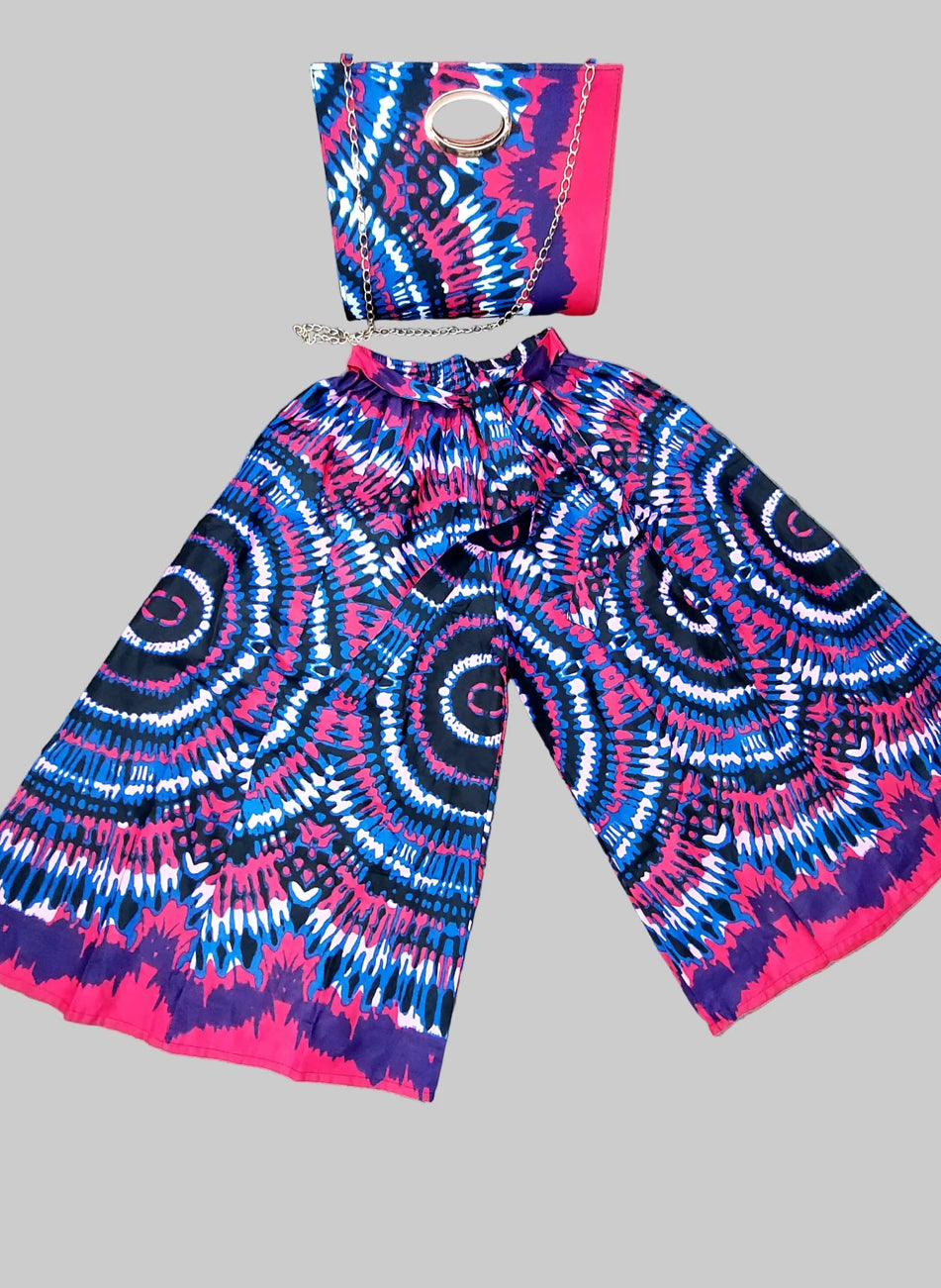 Combo Palazzo Pant & Pocketbook Set Red Blue Tiedye PS14 (Pants, Headwrap, and Bag)