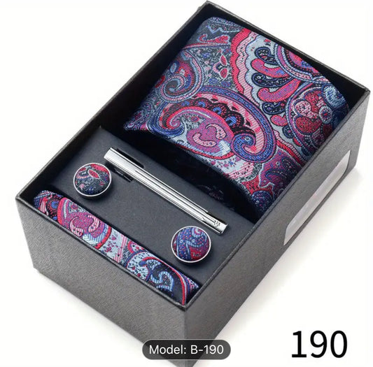 Men’s Silk Coordinated Tie Set w/Box - Pink Blue Paisley (190)