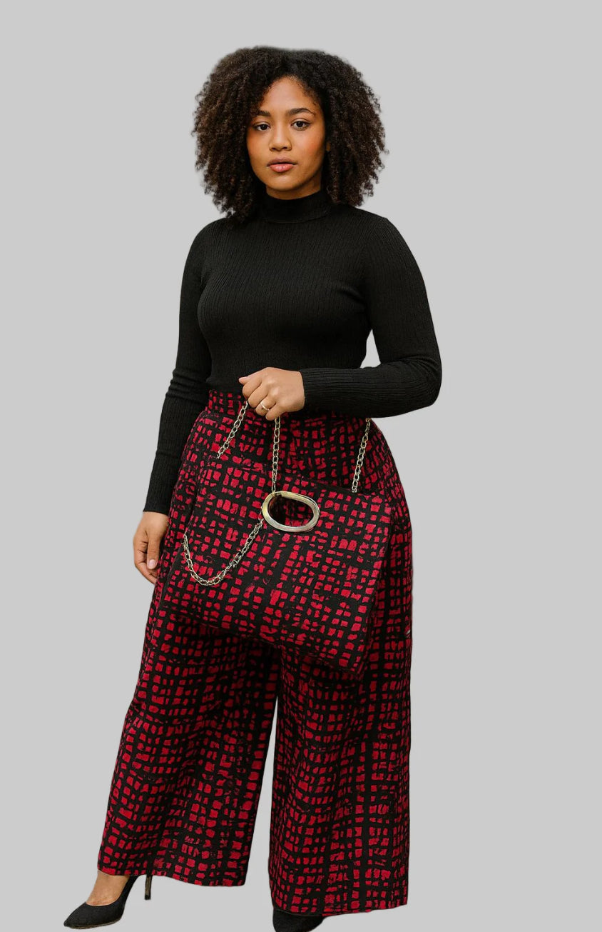 Combo Palazzo Pant & Pocketbook Set Red Black #2 PS14 (Pants, Headwrap, and Bag)
