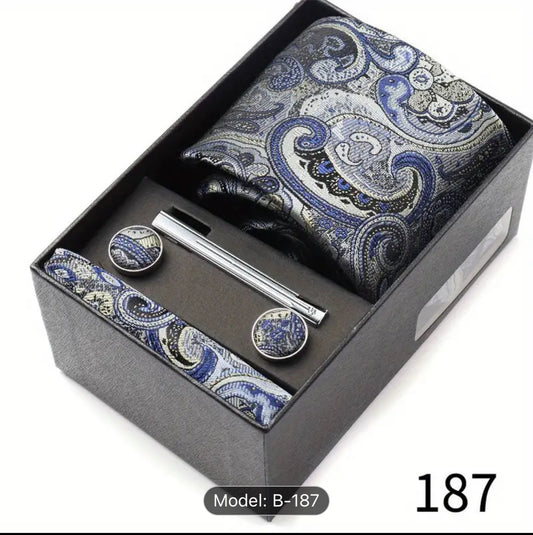 Men’s Silk Coordinated Tie Set w/Box - Blue Silver Paisley (187)