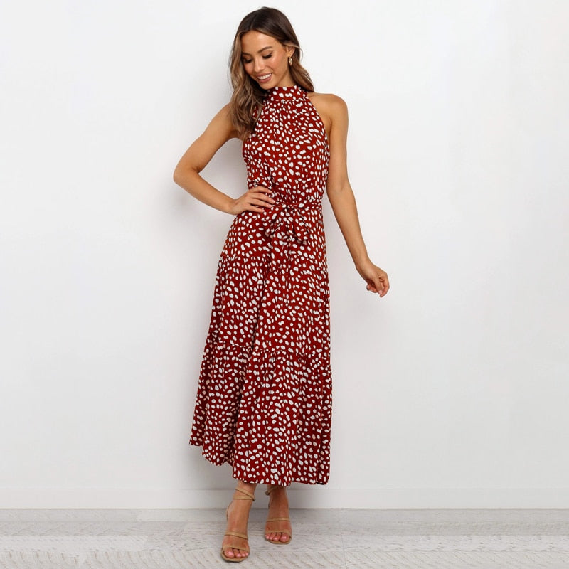 Long Polka Dot Halter Dress, Sizes Small - XLarge, 12 Color Choices