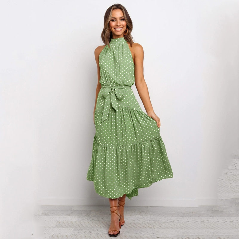 Long Polka Dot Halter Dress, Sizes Small - XLarge, 12 Color Choices