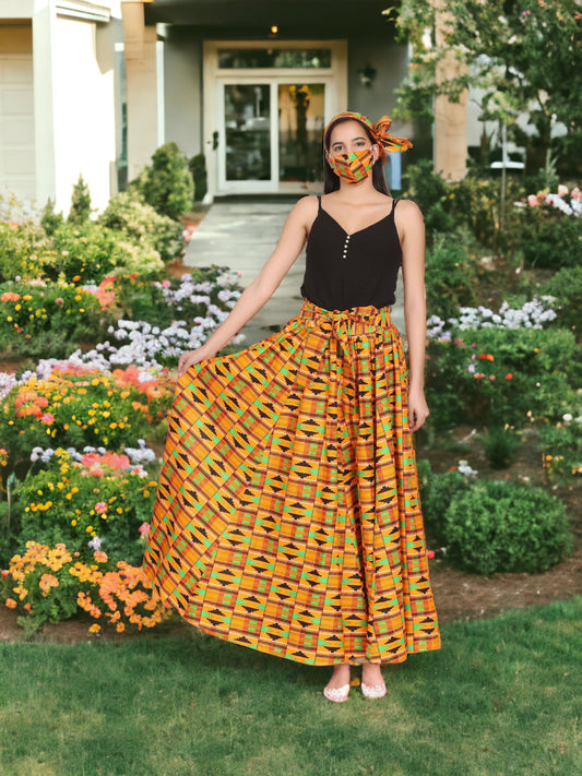 Hand Made African Print Full Skirt with Coordinating Head Wrap and Facemask (Orange, Green, Black)