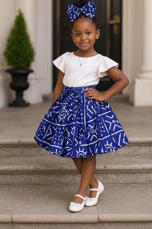 Little Girls Skirt & Head Bow Set-Kids Blue Tribal K05 (Child Size 5-8)