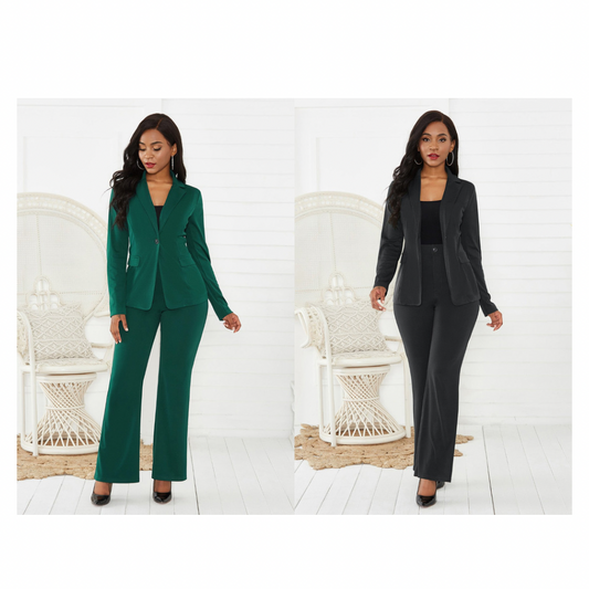 Lapel Collar Long Sleeve Blazer and Pants Set - Two Color Choices