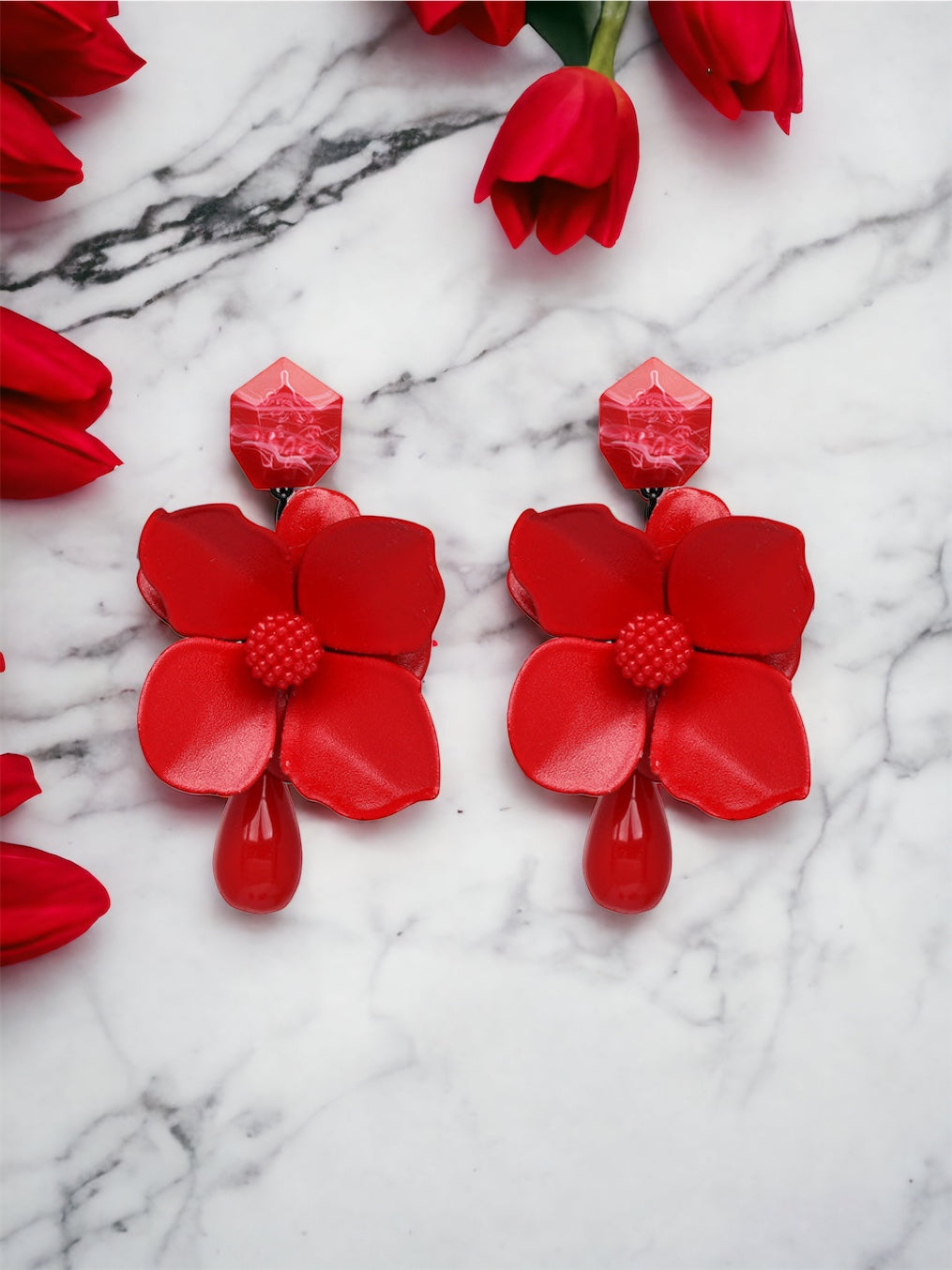 Bloosm Flower and Teardrop Resin Dangle Earrings