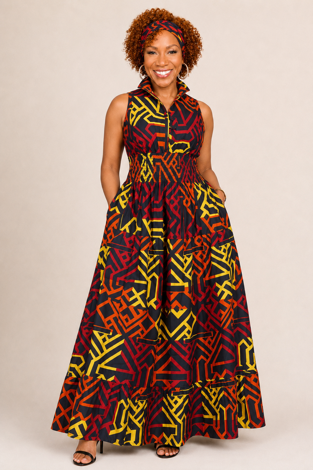 Long Smocked Dress With Scarf (5005 - 689)