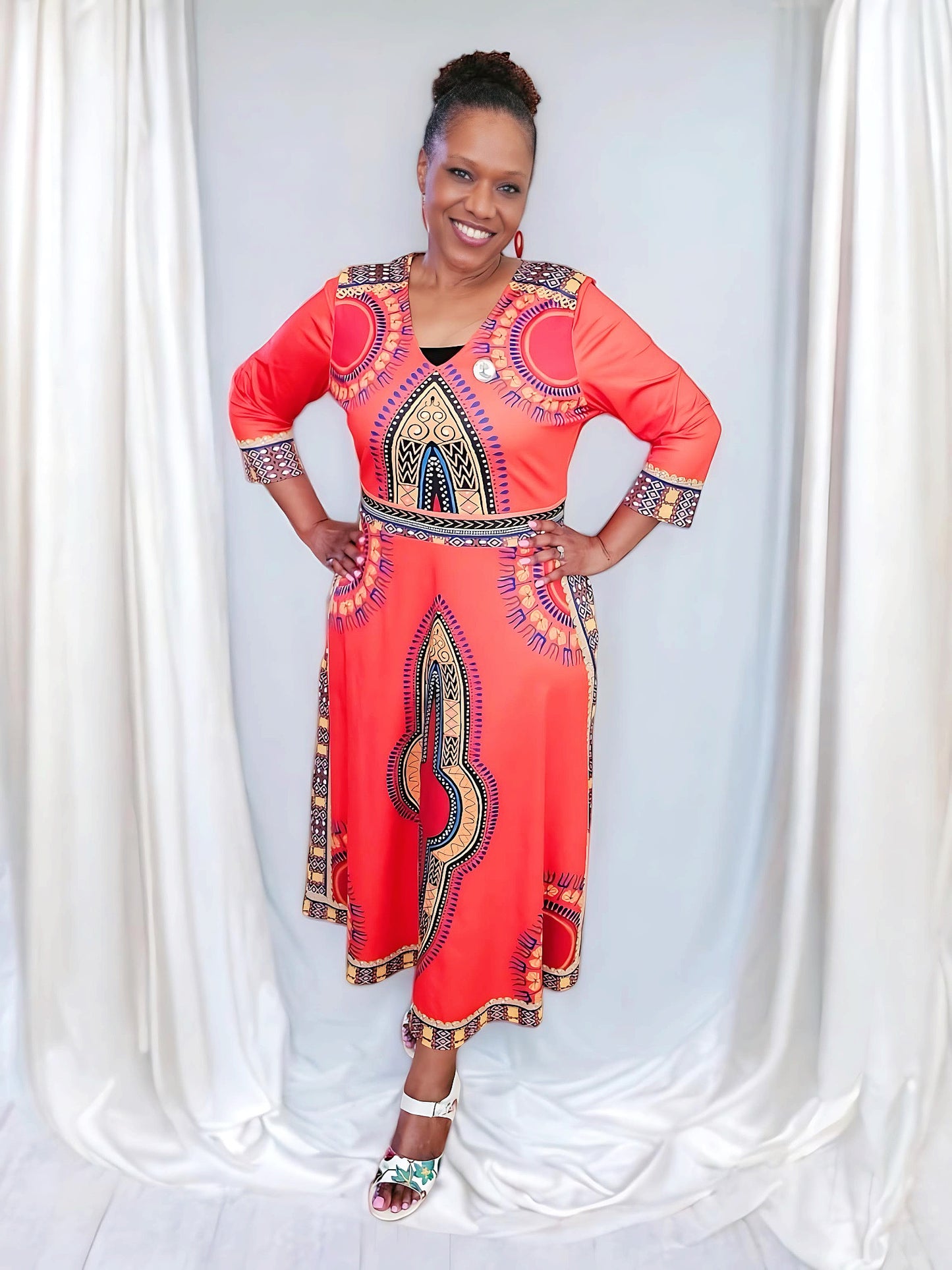 Elegant African Print Maxi Dress – Sizes S to 3XL (Orange)