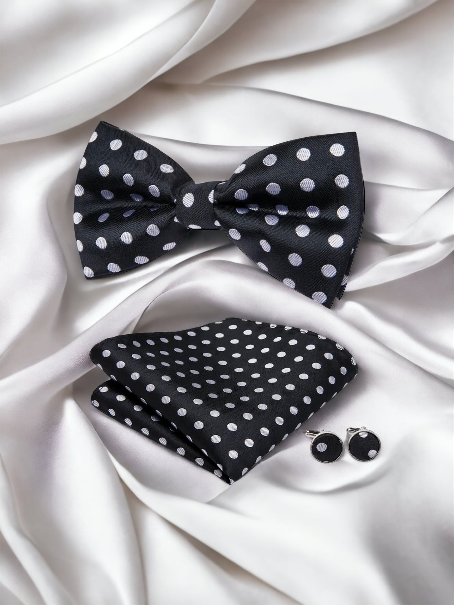Men’s Silk Coordinated Black Bow Tie Set - Black with White Polka Dots 0755