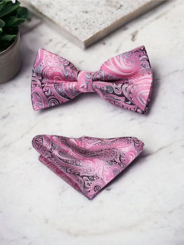 Men’s Silk Coordinated Black Bow Tie Set - Pink Black Paisley 0779
