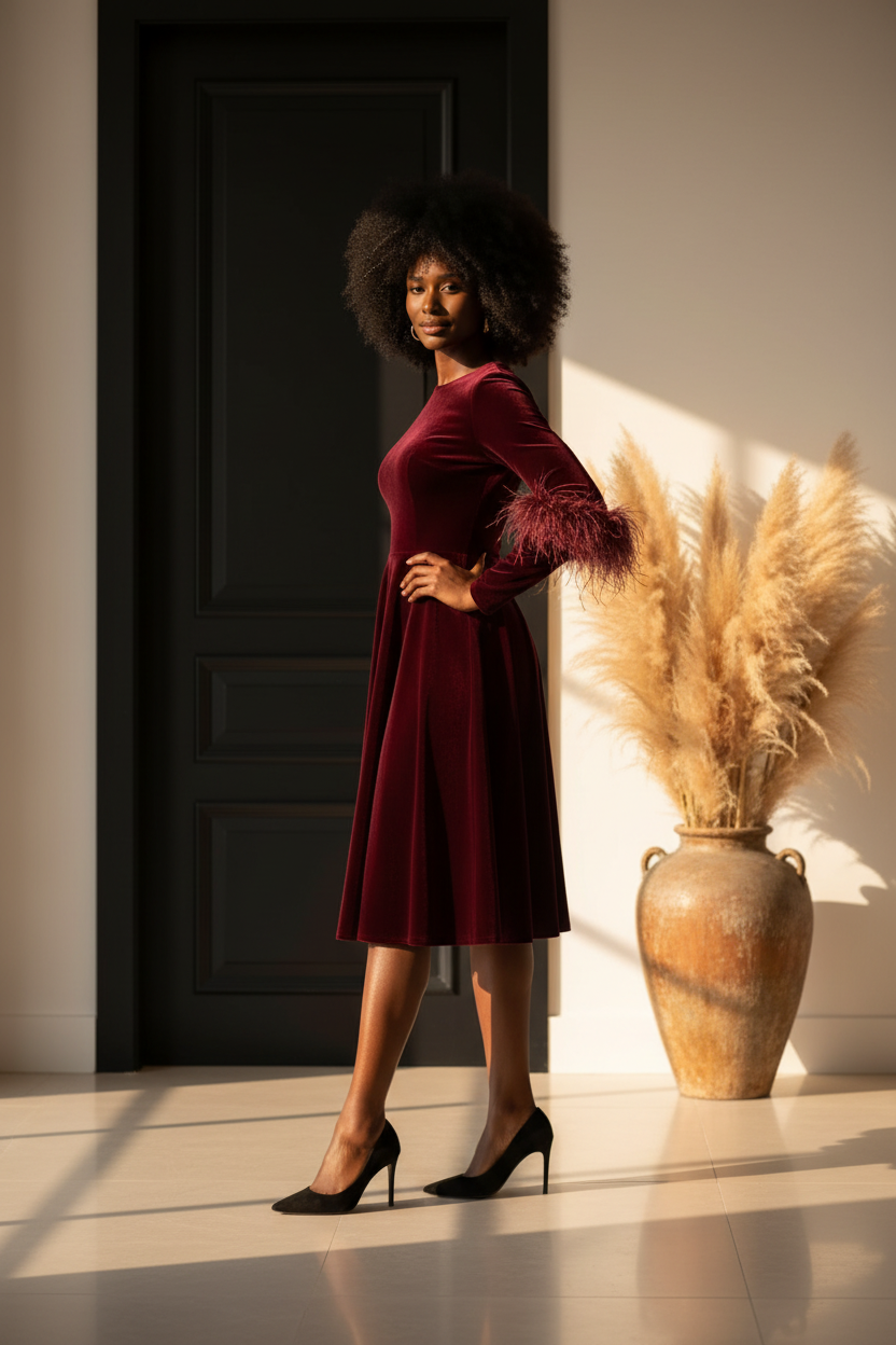 Velvet Midi Dress with Feather Cuffs, Three Color Choices