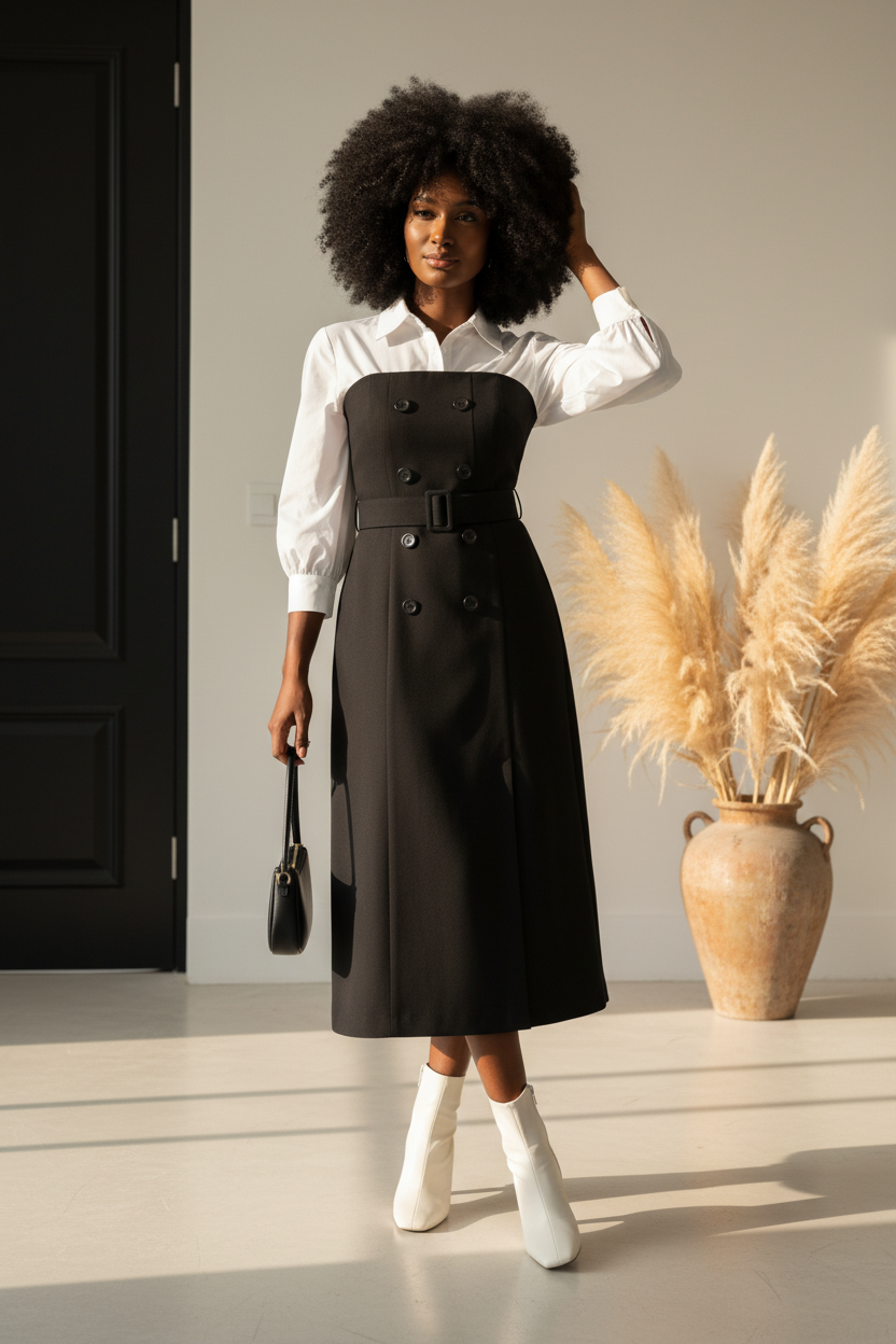 Two Tone Long Sleeve Collared Neck Dress