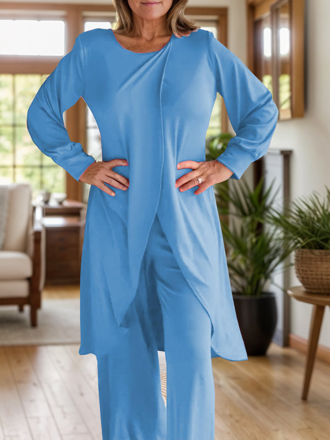 Full Size Slit Round Neck Long Sleeve Top and Pants Set - Size Large