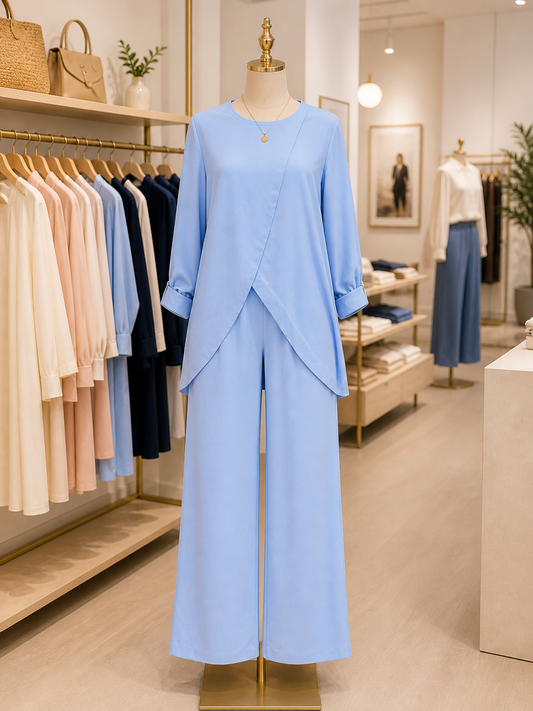 Full Size Slit Round Neck Long Sleeve Top and Pants Set - Size Large