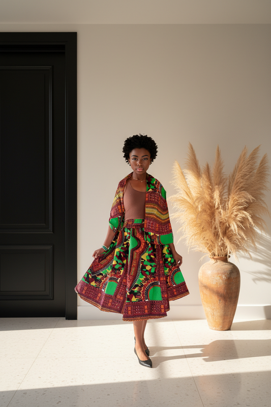 Women Mid Length Dashiki Print Skirt- Green with headwrap (free size)