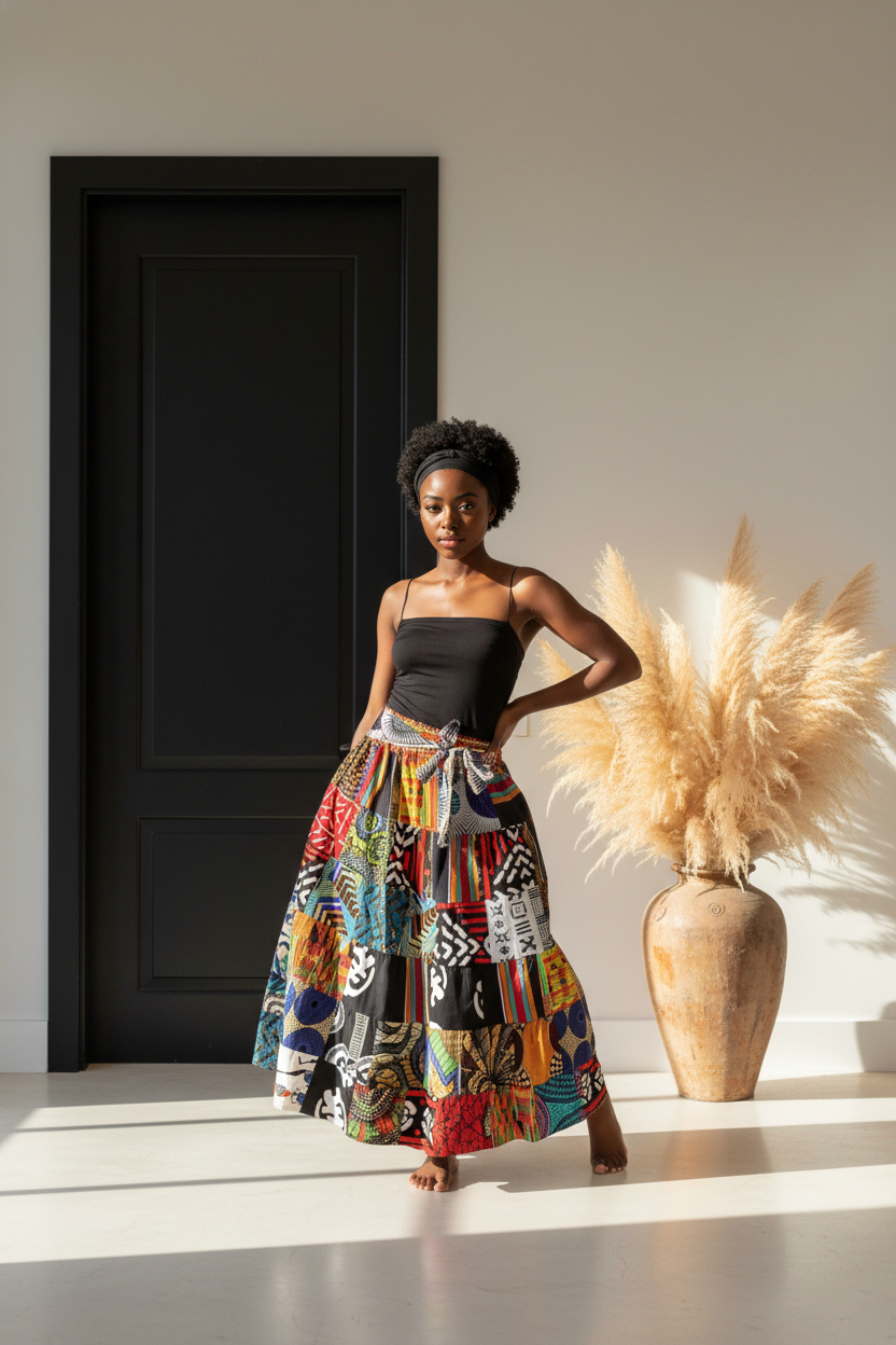 Long Length African Cotton Skirt - Patch Skirt Design