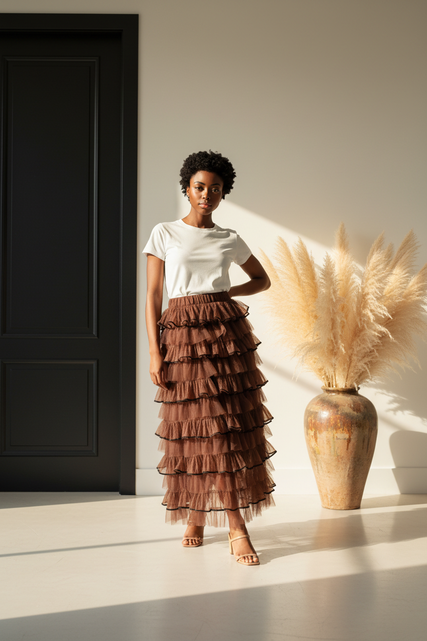 SO ME Layered Ruffled Tulle Maxi Skirt