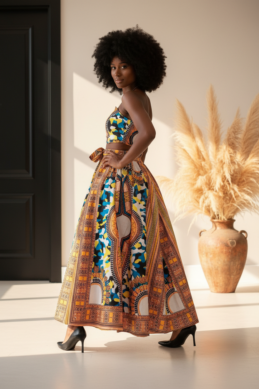 Women Long Dashiki Print Skirt, Various Prints (free size)