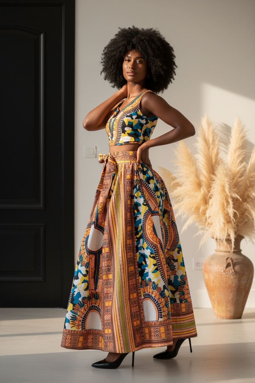Women Long Dashiki Print Skirt, Various Prints (free size)
