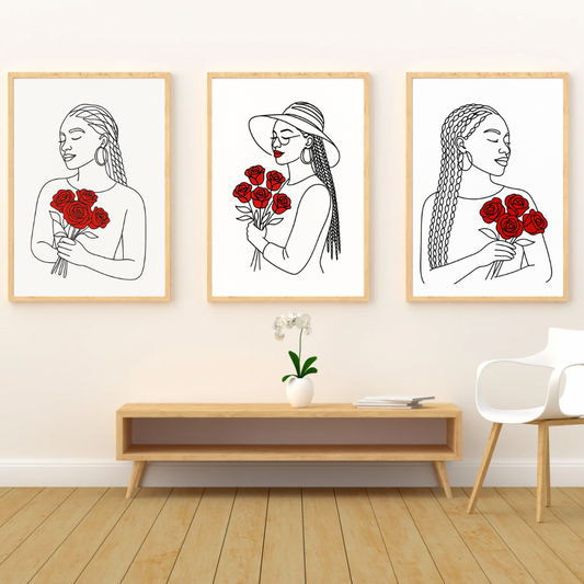 4 Images African American Women Prints with Red Accents | Continuous Line Drawing Posters | 11x14 Digital Prints