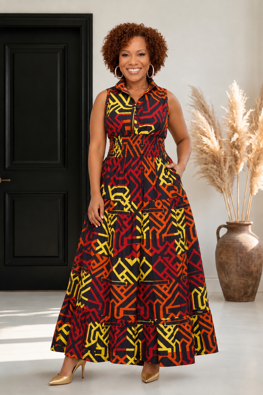 Long Smocked Dress With Scarf (5005 - 689)