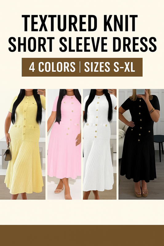 Textured Knit Short Sleeve Dress | 4 Chic Colors | Sizes S–XL