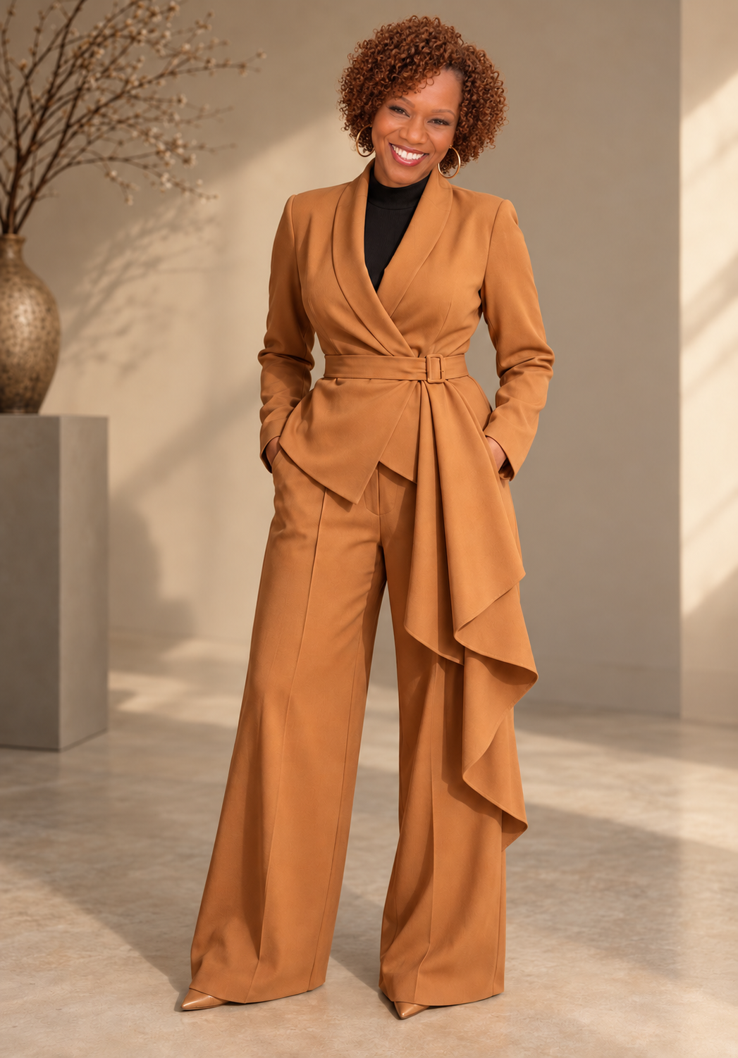 Full Size Belted Blazer and Wide-Leg Pants Set Plus Size