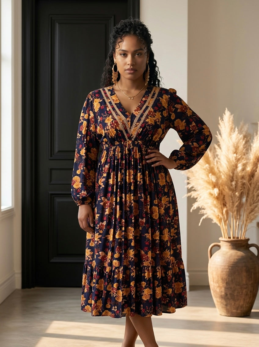 Plus Size Floral Print V-Neck Maxi Dress