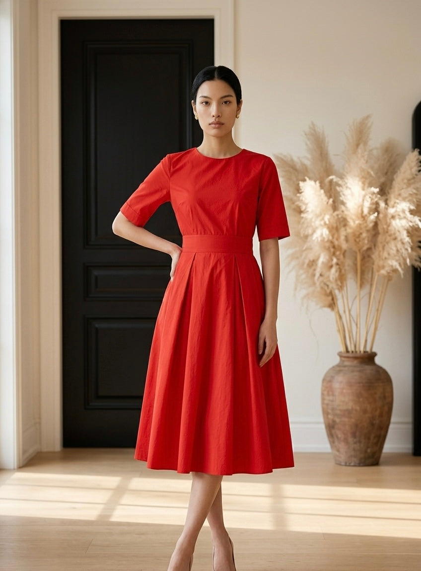 Round Neck Half Sleeve Pleated Dress