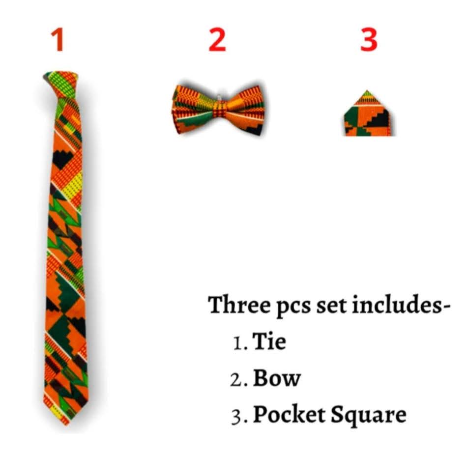 Kente Print 3-Piece Men's Tie Set (Bow Tie, Neck Tie and Pocket Square)