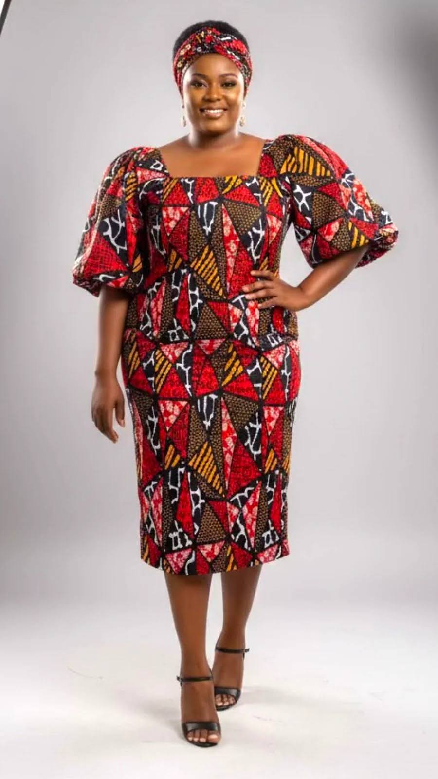 Fitted Smock Mid length Dress/ Puff Sleeve - Red Mosaic