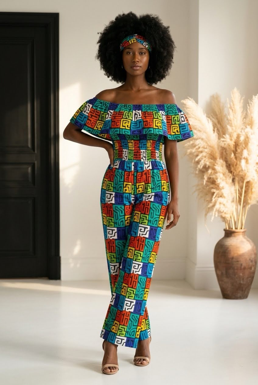 African Print Ruffled Neckline Jumpsuit / Romper (Blue)