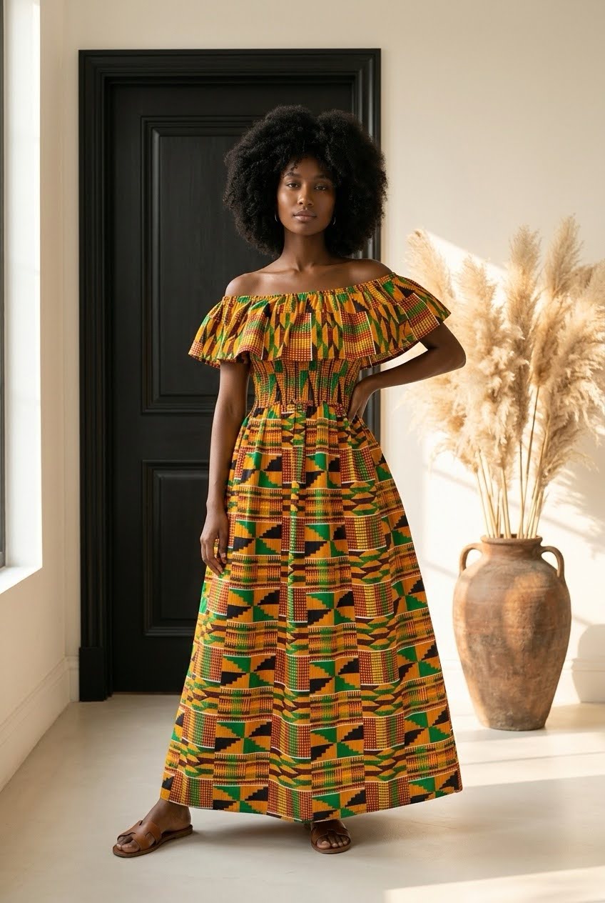 Maxi Frill Dress / Orange Kente