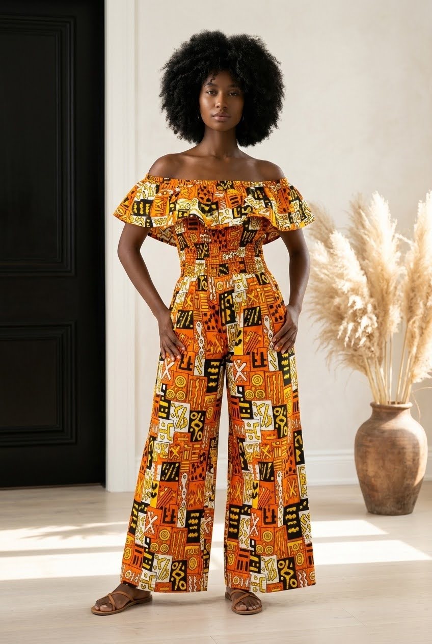African Print Ruffled Neckline Jumpsuit / Romper (Brown) with Head Wrap