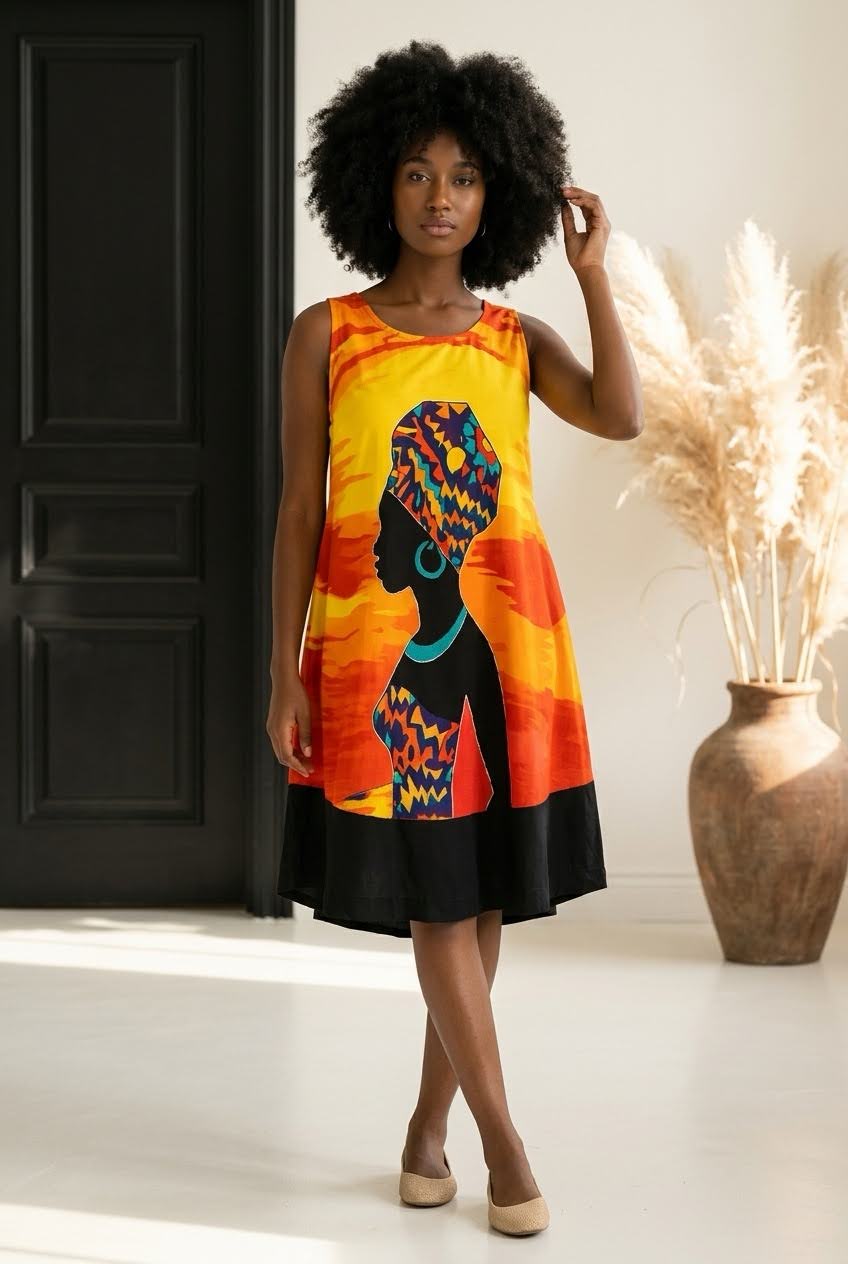 Decorative Print Umbrella Dress/Ethnic Sun Dress