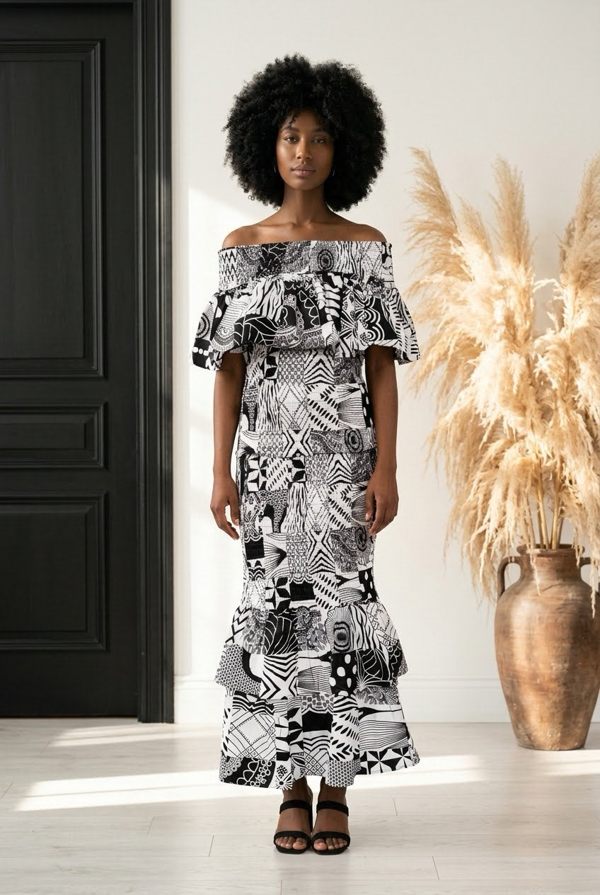 Women Smocked Skirt & Blouse Set-Black/White