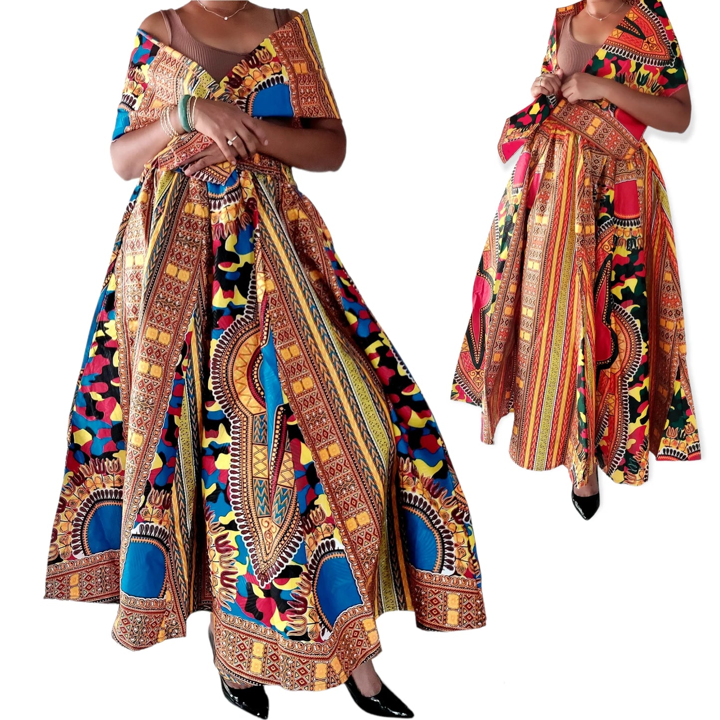 Women Long Dashiki Print Skirt, Various Prints (free size)