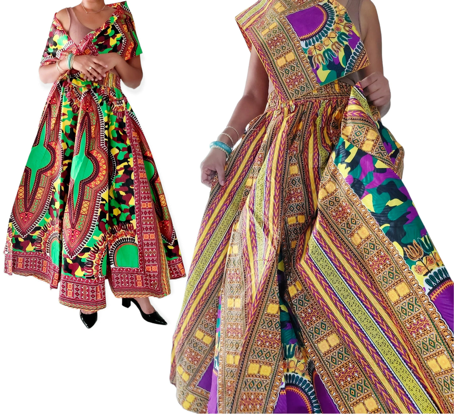 Women Long Dashiki Print Skirt, Various Prints (free size)