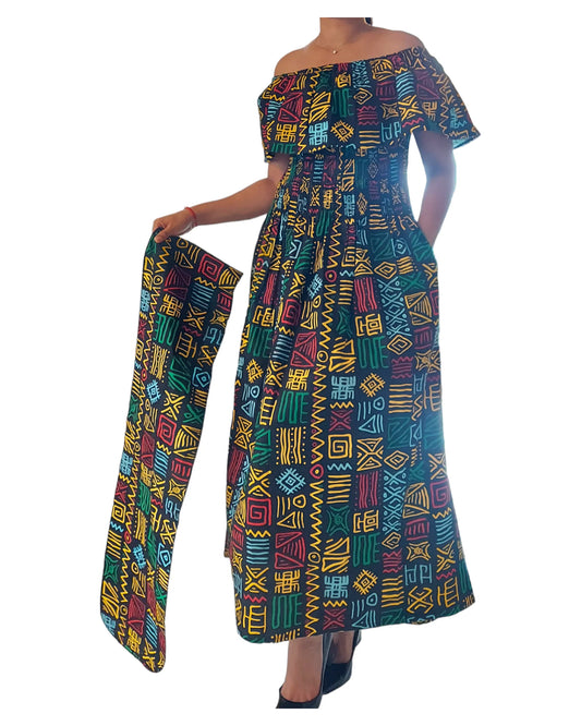 Long Tube Maxi Dress- Rasta with Head Wrap (free size)